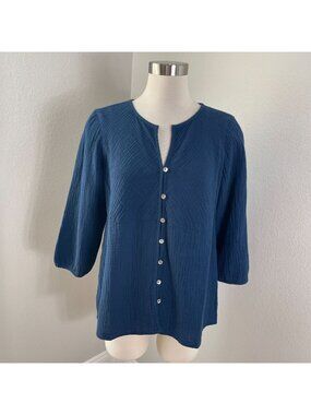 NEW J Jill Womens Small Petite Blue Ridge Cotton Button Up Top 3/4 Sleeve Gauzy
